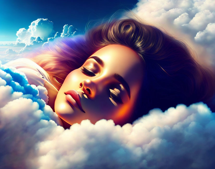 Tranquil woman sleeping in fluffy clouds under blue sky