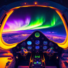 Aurora Borealis seen from airplane cockpit at night