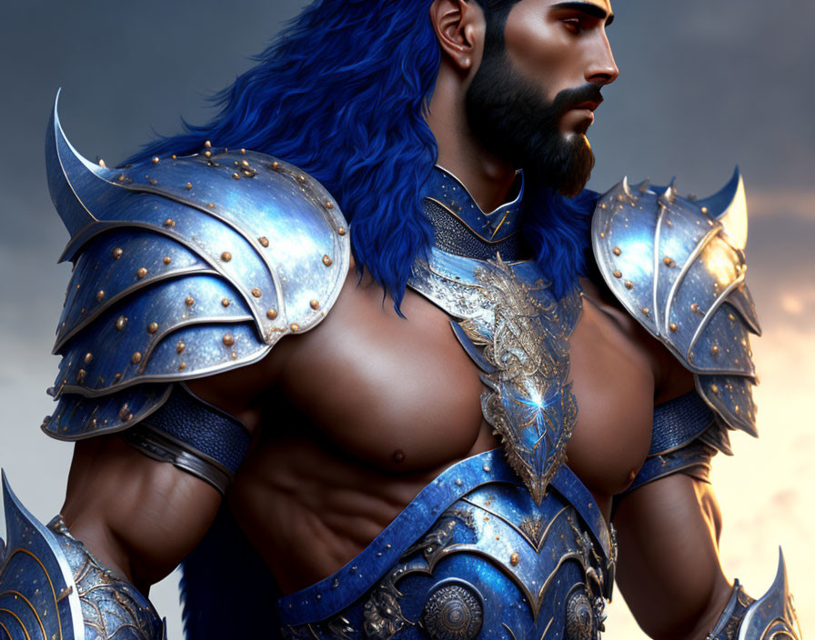 Muscular man in blue armor with intricate designs and long cape