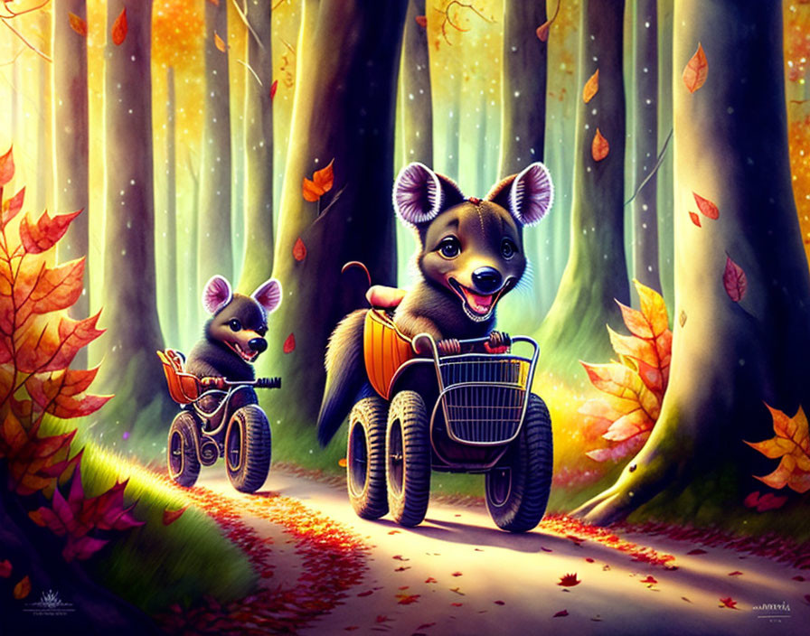 Joyful dog and mouse on bike surrounded by autumn trees