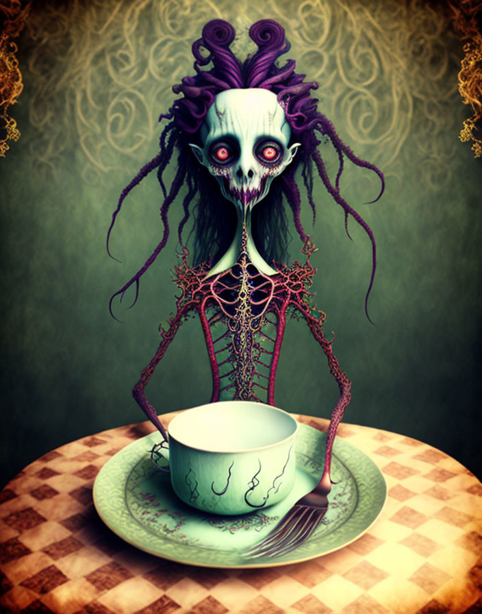 Animated skeleton with wide eyes and wild hair behind a tea set