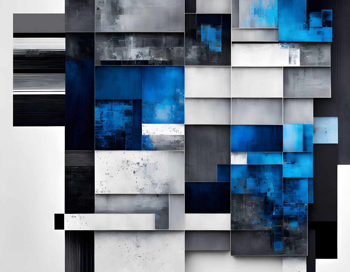 Abstract geometric composition in black, white, blue shades, textured elements