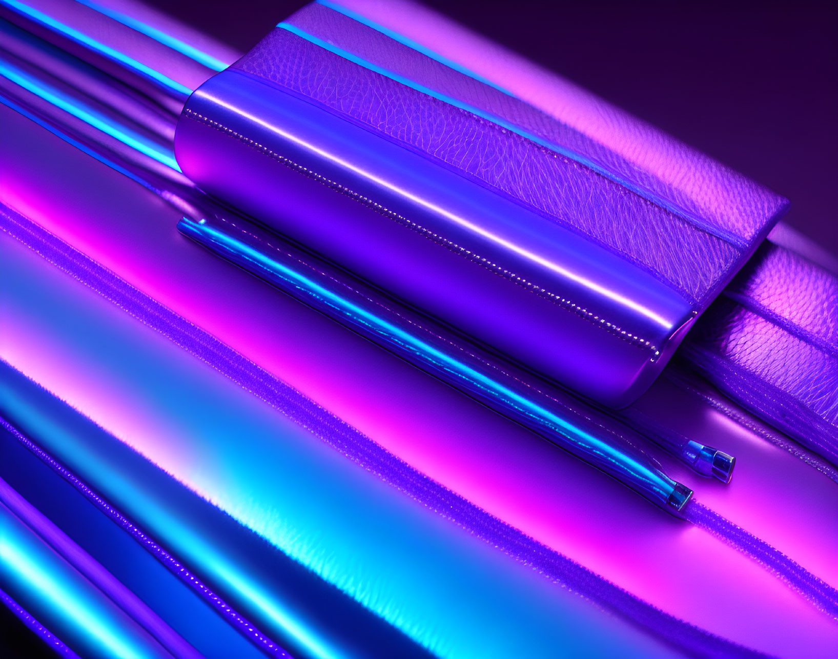 Futuristic purple and blue neon lit tubes with metallic textures creating a high-tech vibe