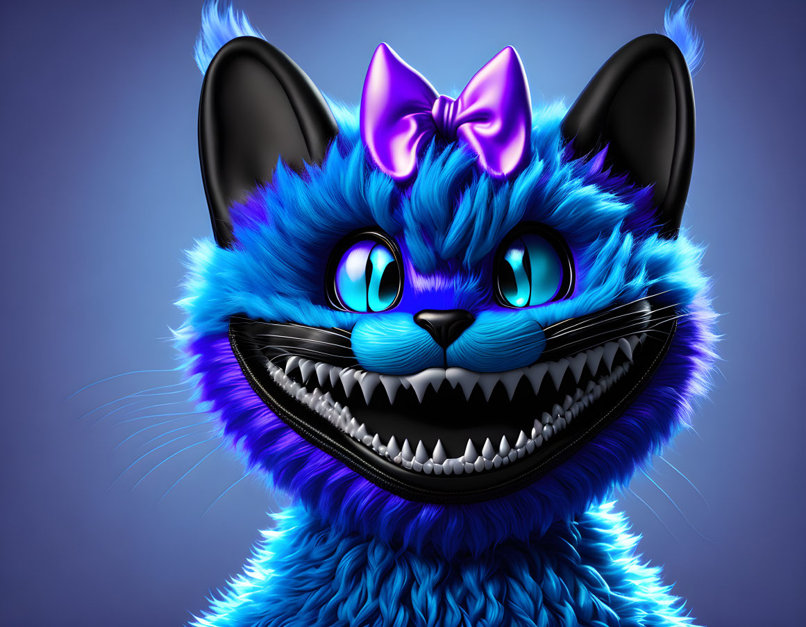 Colorful digital art: Blue cat with sharp teeth and purple bow