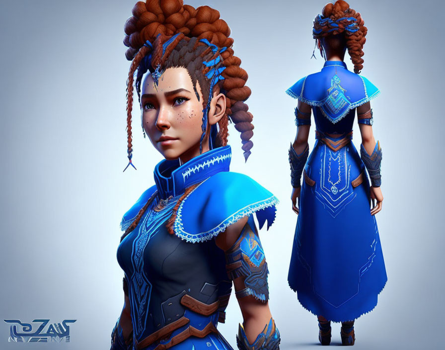 Digital artwork of female character with brown braided hair in blue and black outfit with intricate designs and cape