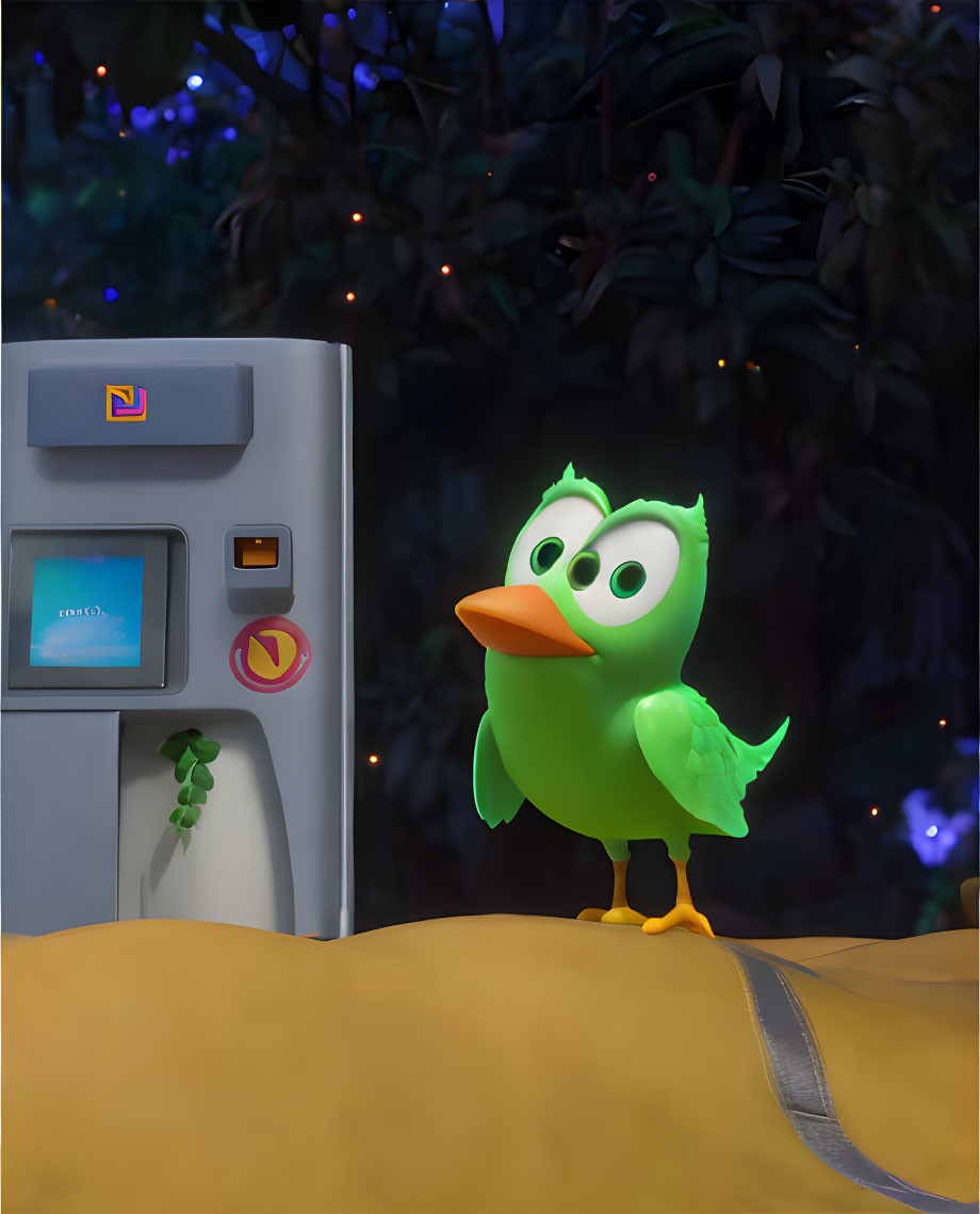 Cartoon-style green bird at ATM machine with blueish lighting