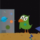 Cartoon-style green bird at ATM machine with blueish lighting