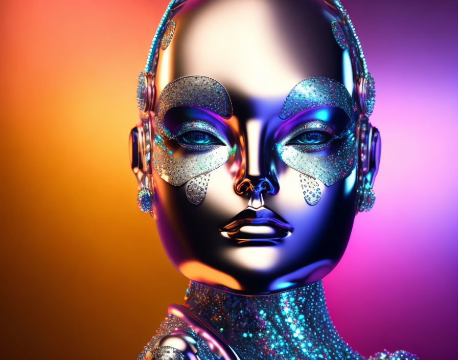 Reflective Metallic Humanoid Robot on Warm Gradient Background