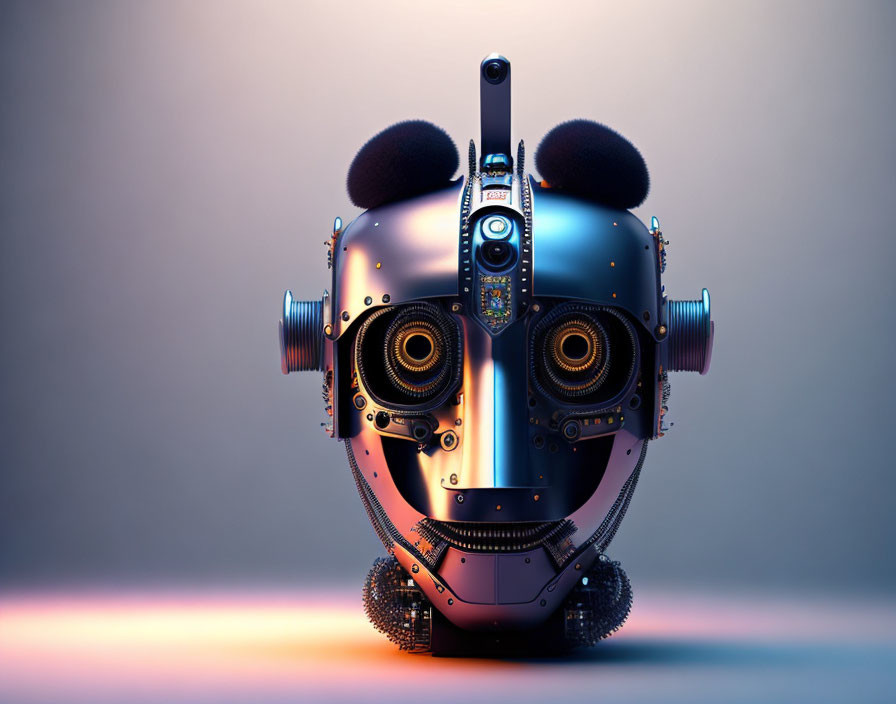 Futuristic robot head with speaker-like ears and antenna on gradient background