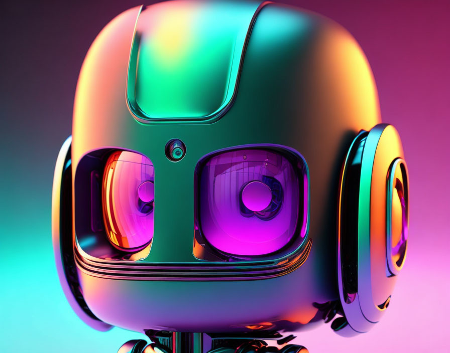 Shiny robot head with purple eyes on colorful gradient background