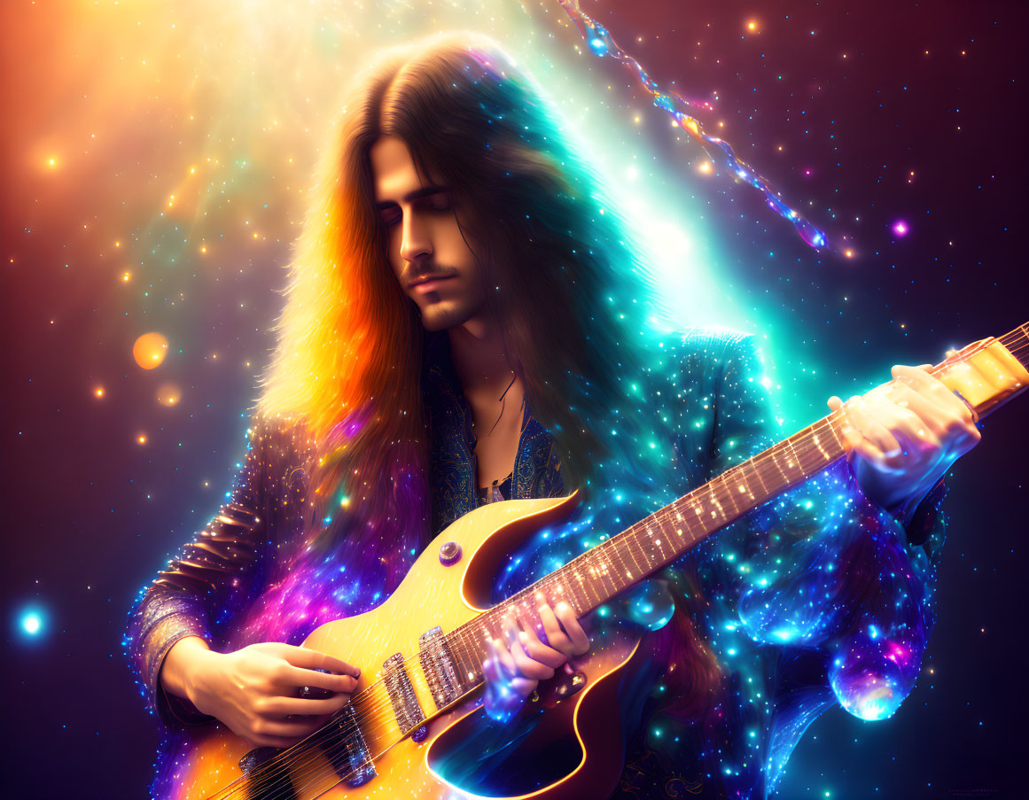 Long-haired guitarist in cosmic backdrop playing electric guitar