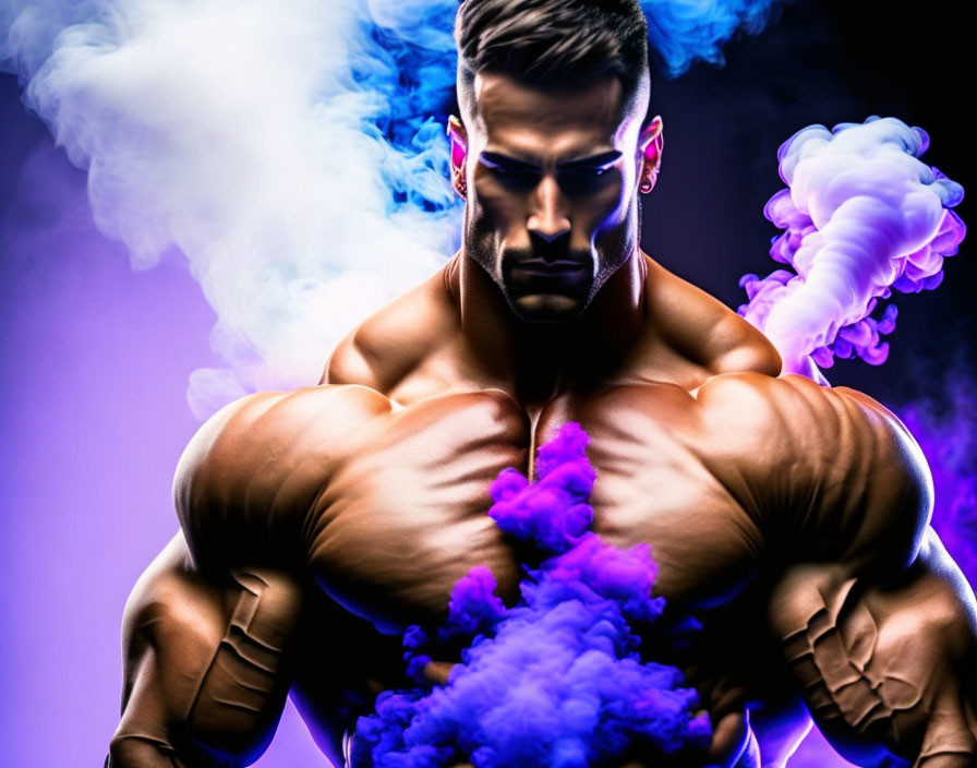 Serious muscular man surrounded by blue and purple smoke