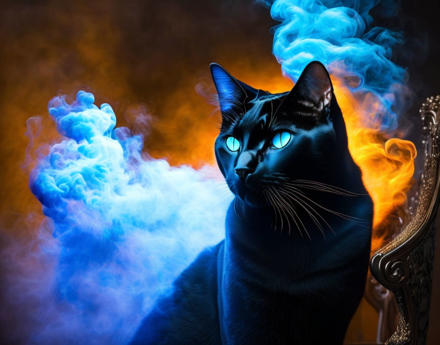 Black Cat with Blue Eyes Next to Blue and Orange Smoke on Decorative Chair