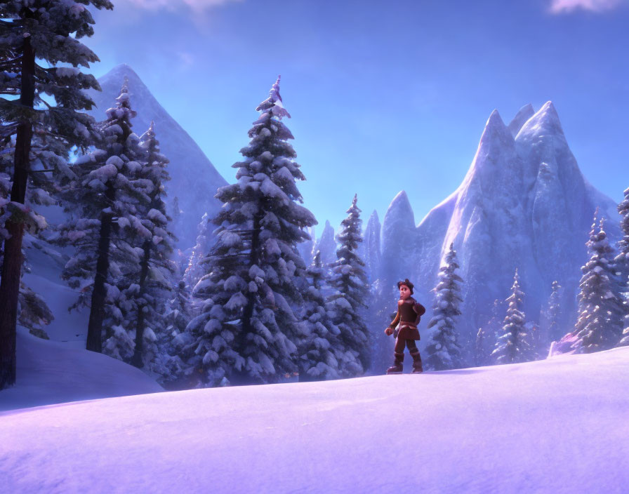 Young animated character in snowy landscape with evergreen trees and icy mountains