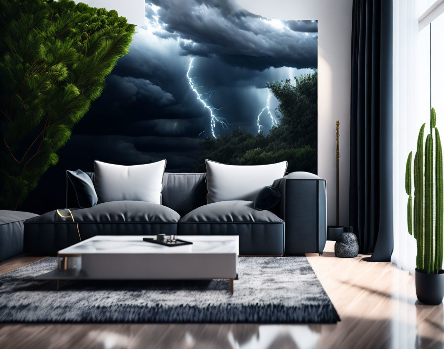 Dark Gray Sofa, White Table, Thunderstorm View, Indoor Plants in Modern Living Room