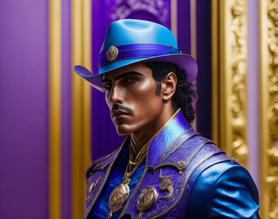 Sharp Gaze Man in Ornate Blue Outfit on Purple Background