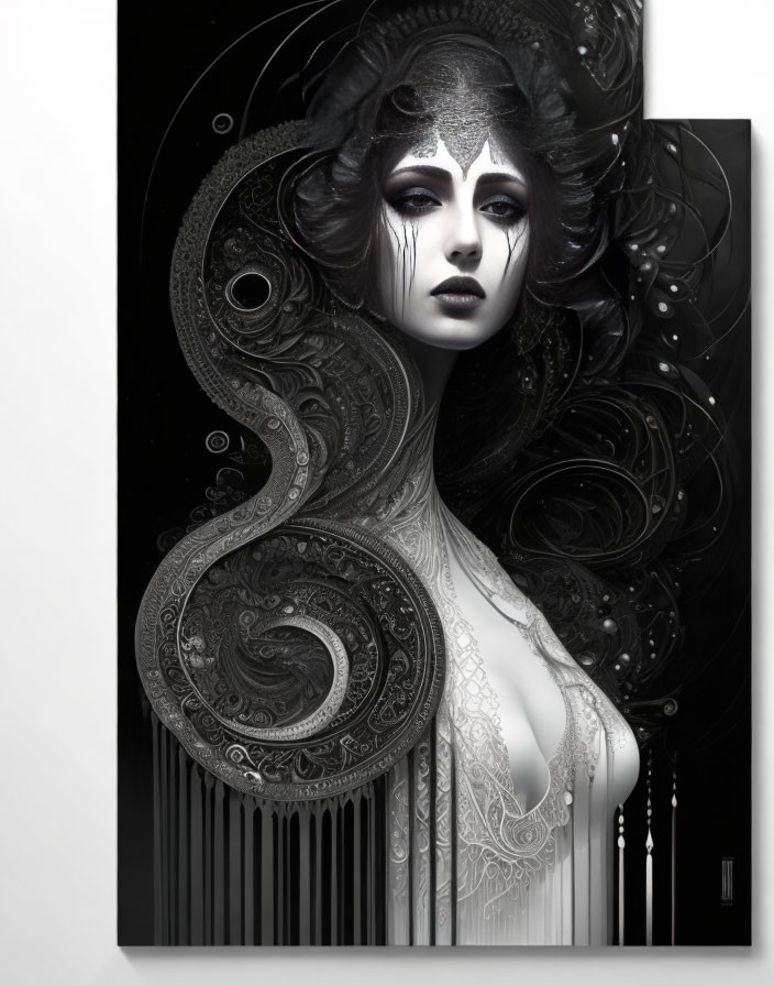 Monochrome surreal artwork of a woman with intricate patterns and mysterious aura