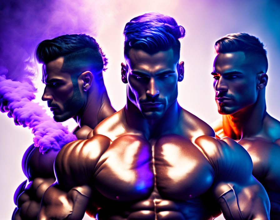 Vibrant purple and red lighting on three muscular men with stylized hair and beards in a