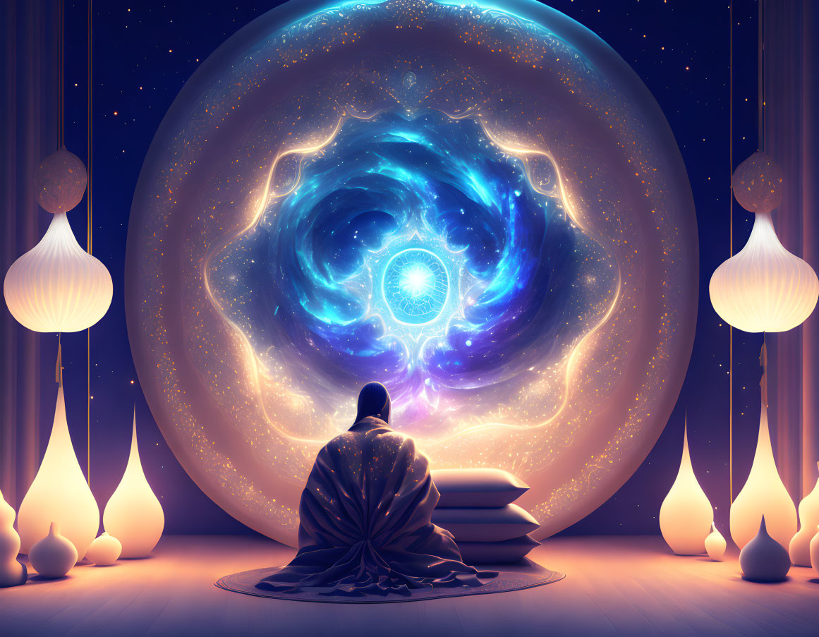 Person meditating at cosmic portal with lanterns and books