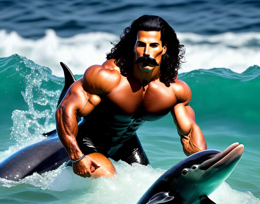 Muscular man with long black hair surfing wave with smiling dolphin