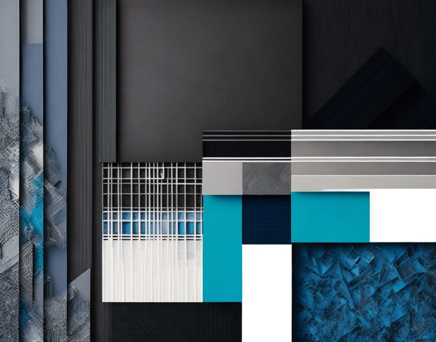 Abstract Collage of Blue, Grey, and Black Textured Panels