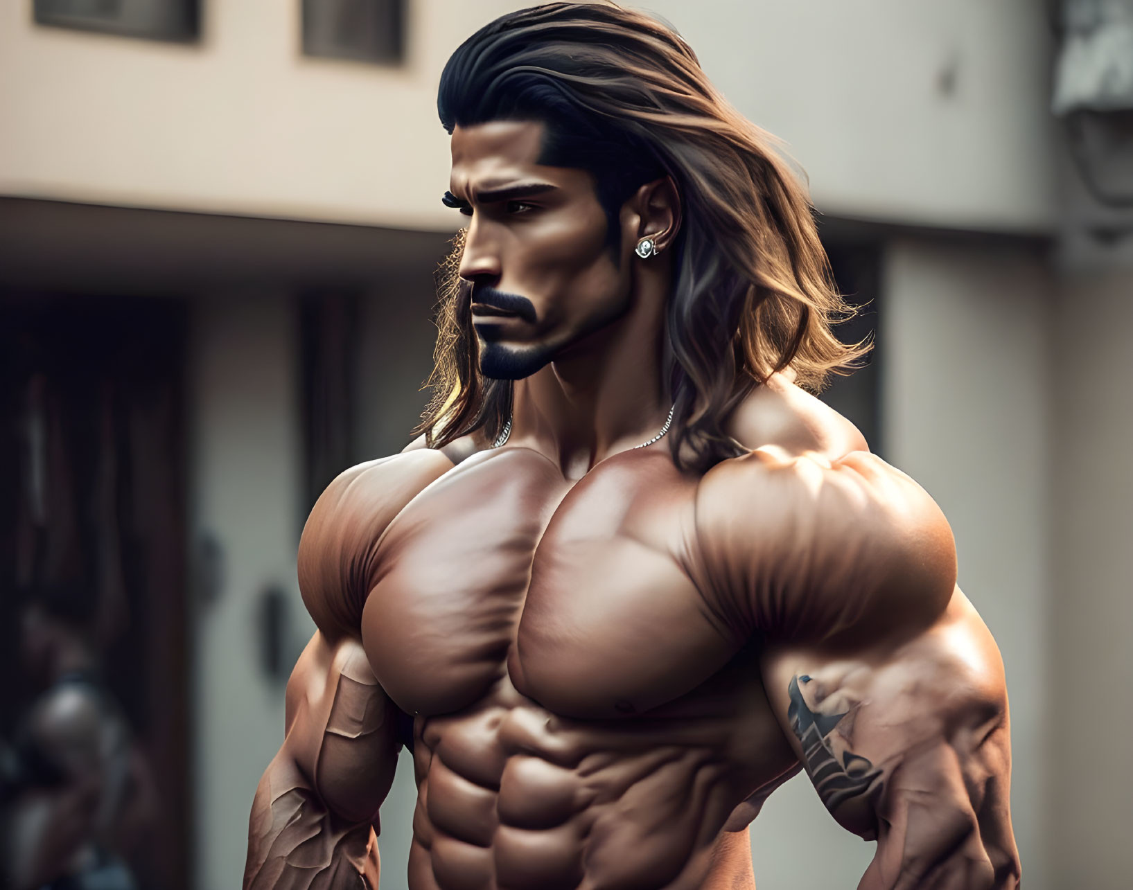 Detailed hyper-realistic illustration of muscular man with tattoos, beard, and long hair