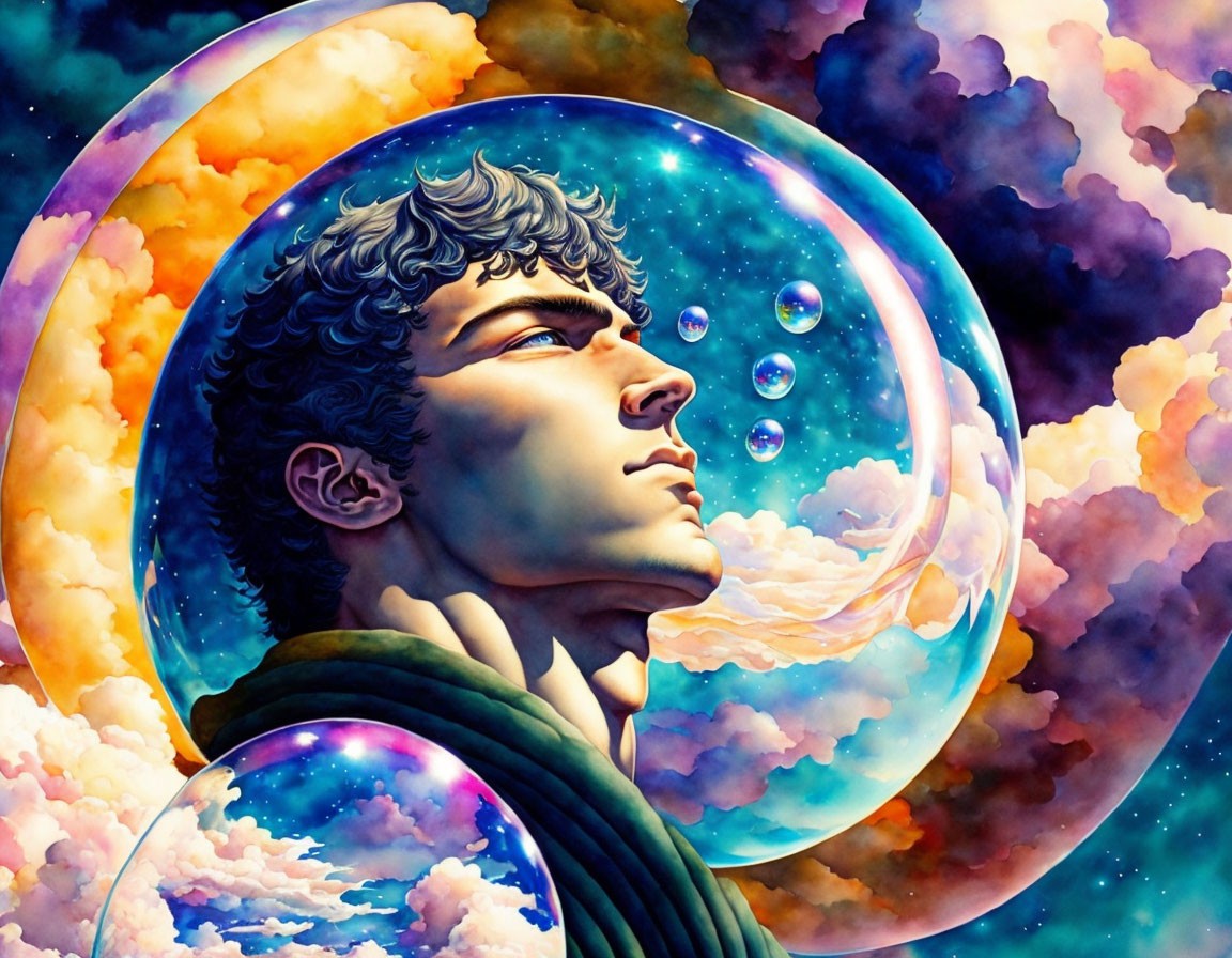 Colorful cosmic man surrounded by clouds, bubbles, and celestial body