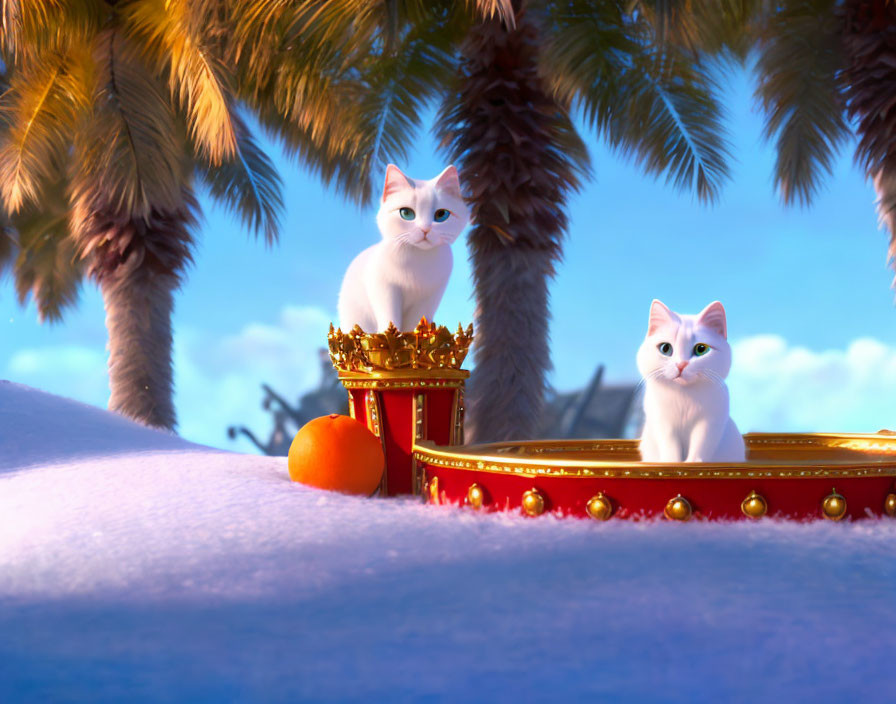 Two white cats with blue eyes in golden crown sled on snow with palm trees.