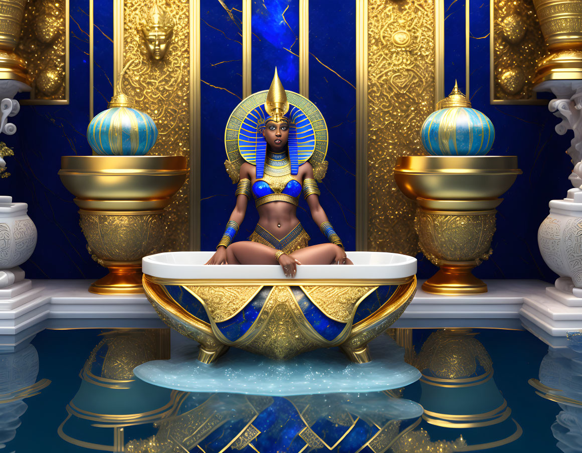 Regal character in Egyptian attire on golden throne in ornate chamber