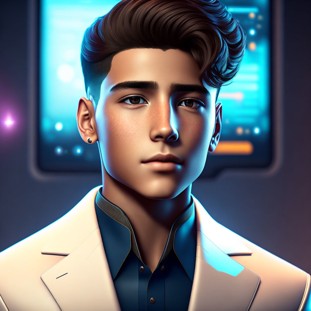 Young male digital illustration with stylish hair and earring in white jacket over blue shirt against futuristic backdrop