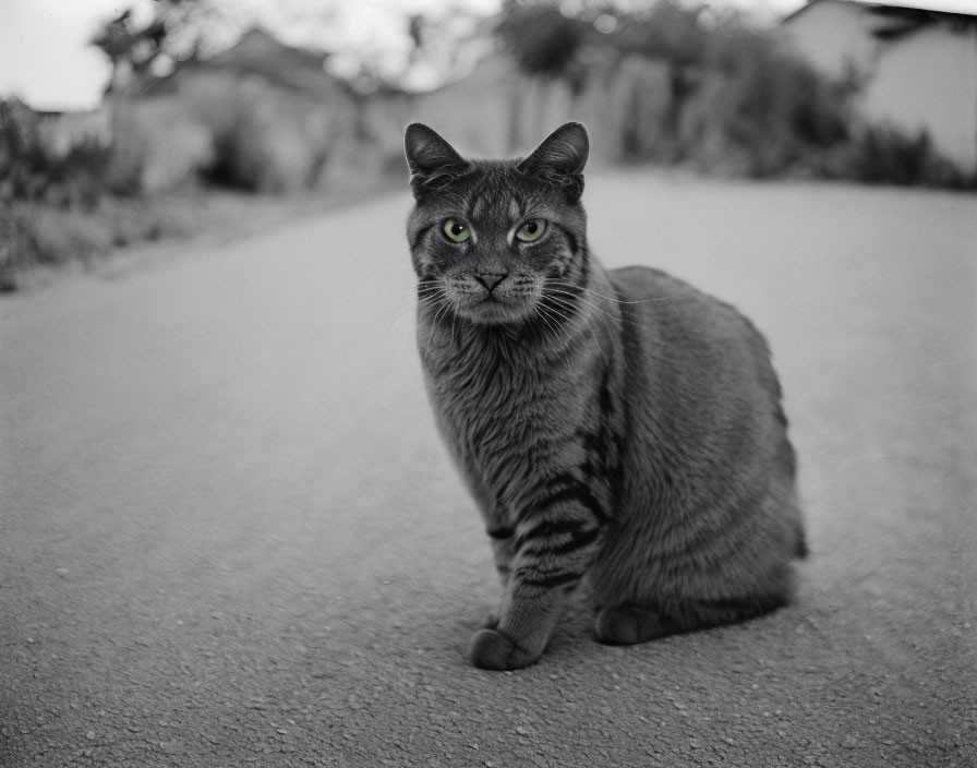 Tabby cat with green eyes on road with blurred houses in background