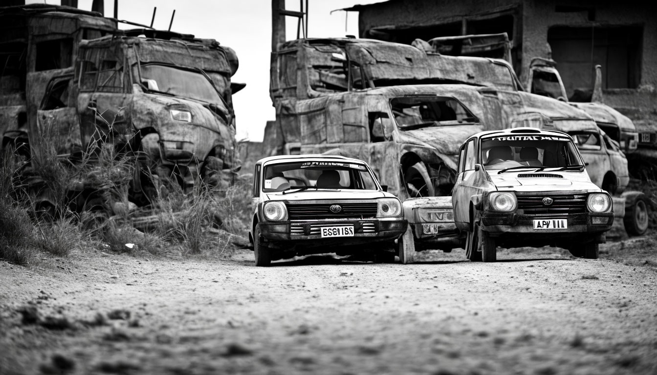 Monochrome photo: Three old cars on deserted dirt road