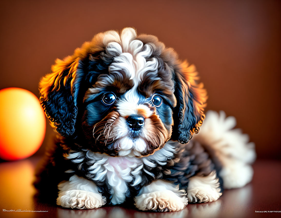 Fluffy Black and White Puppy with Blue Eyes and Orange Ball on Brown Background