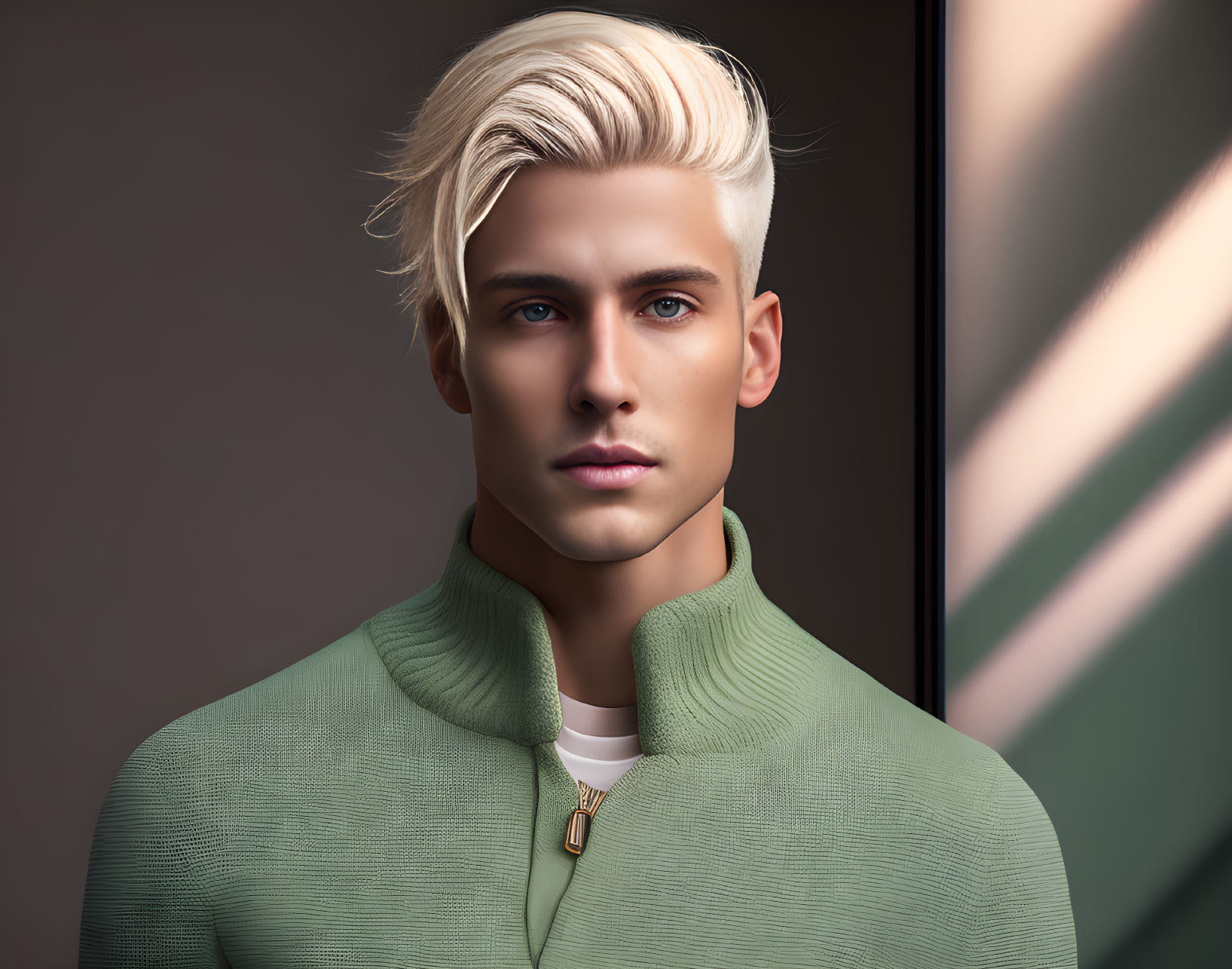 Blonde Man in Green Turtleneck with Blue Eyes