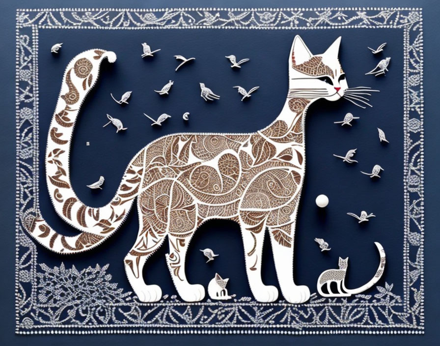 Intricate Paper Cut-Out Artwork: Cat, Kitten, Birds, Ball on Blue Background