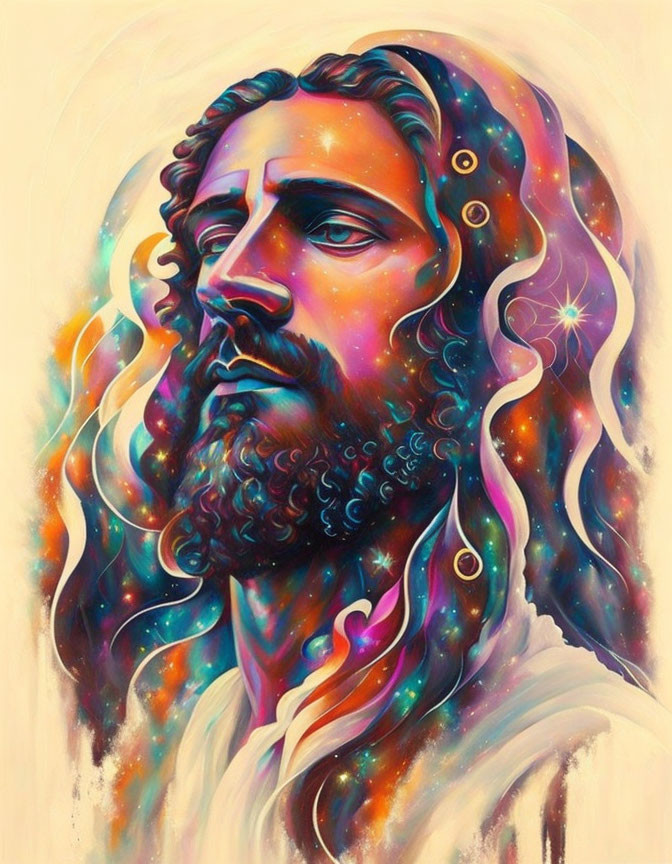 Colorful Psychedelic Portrait of Bearded Figure in Cosmic Setting