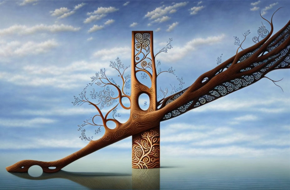 Surreal landscape: wooden flute transforms into tree against cloudy sky.