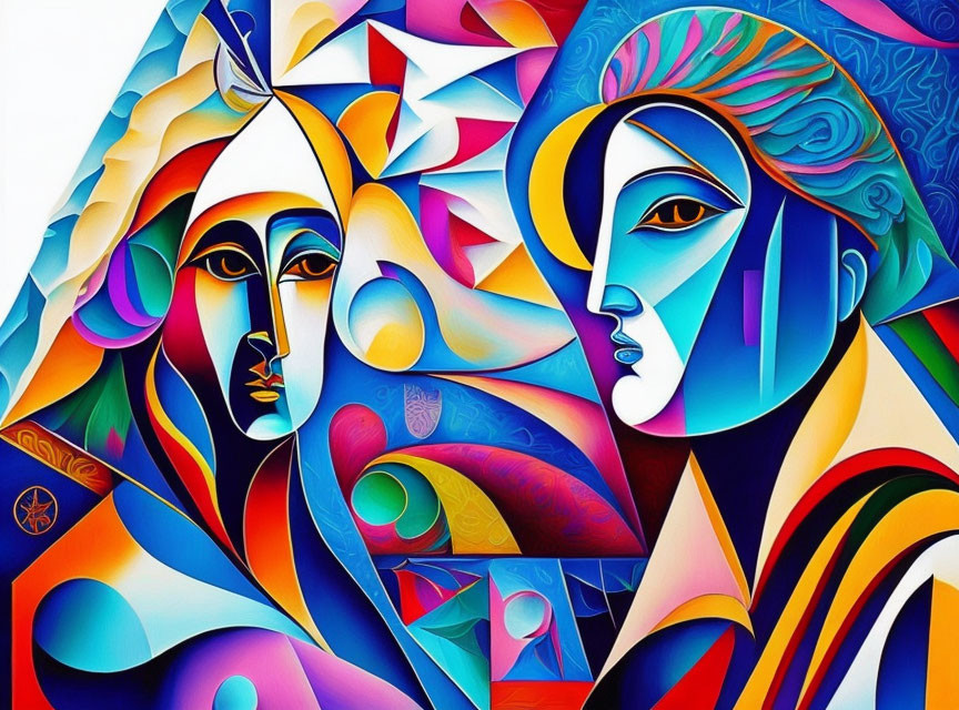 Vibrant Abstract Art: Stylized Faces & Geometric Patterns