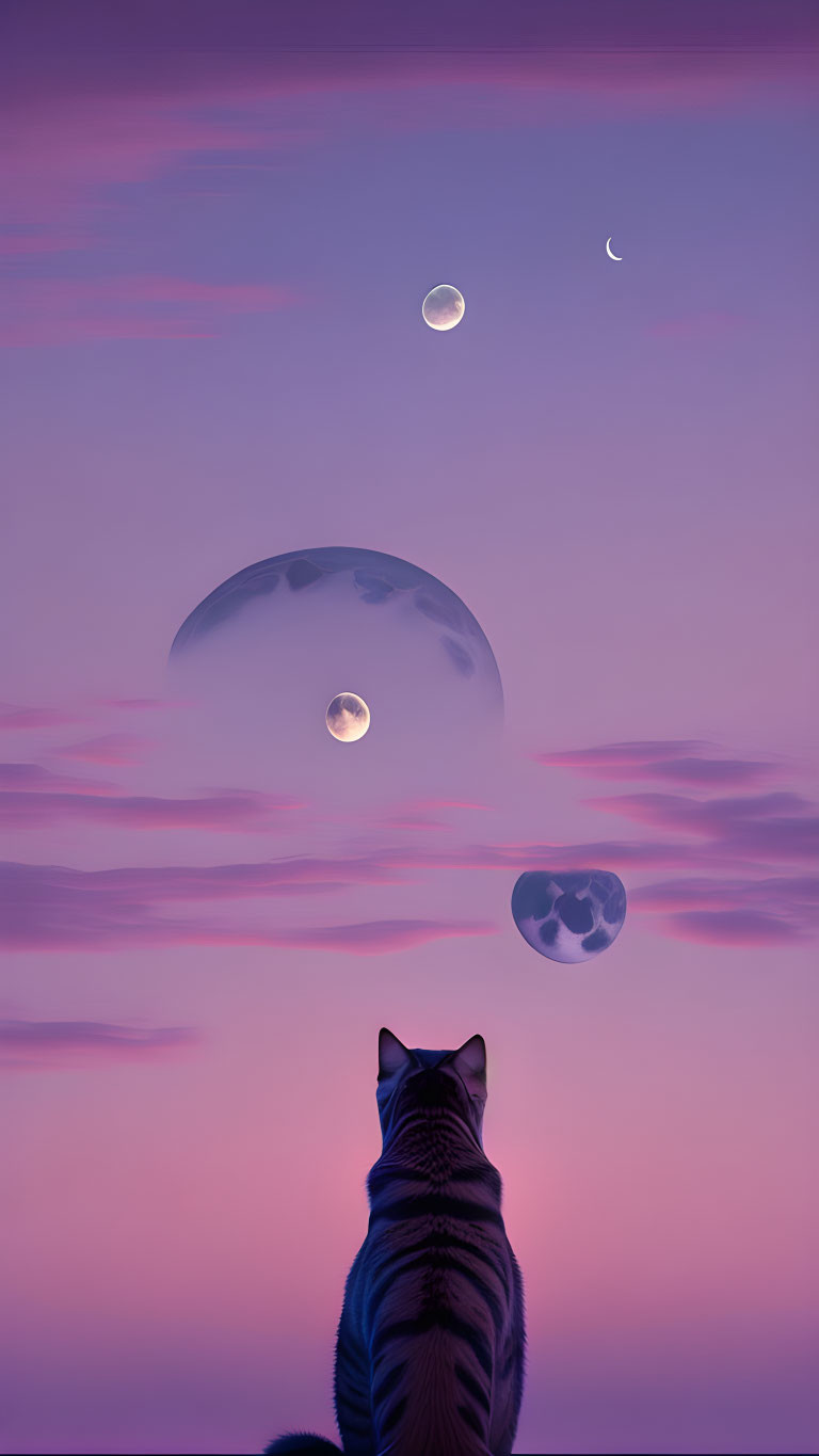 Cat observing surreal sky with multiple moons and crescent moon in pink and purple clouds