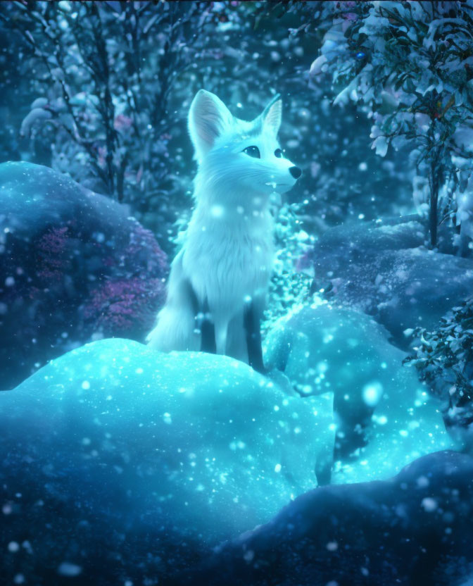 White fox in blue-lit forest with snowflakes and blossoms