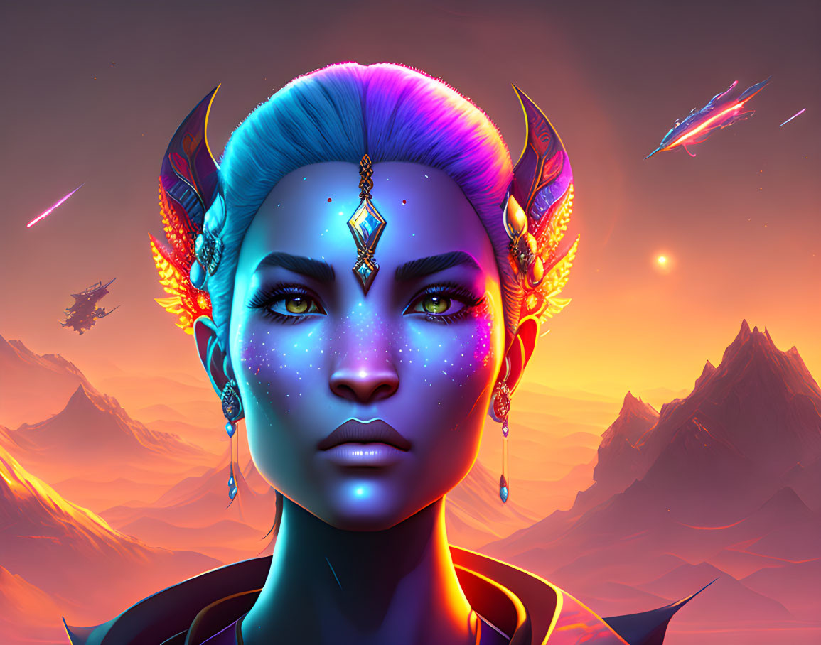 Blue-skinned female character with glowing markings in surreal sunset landscape