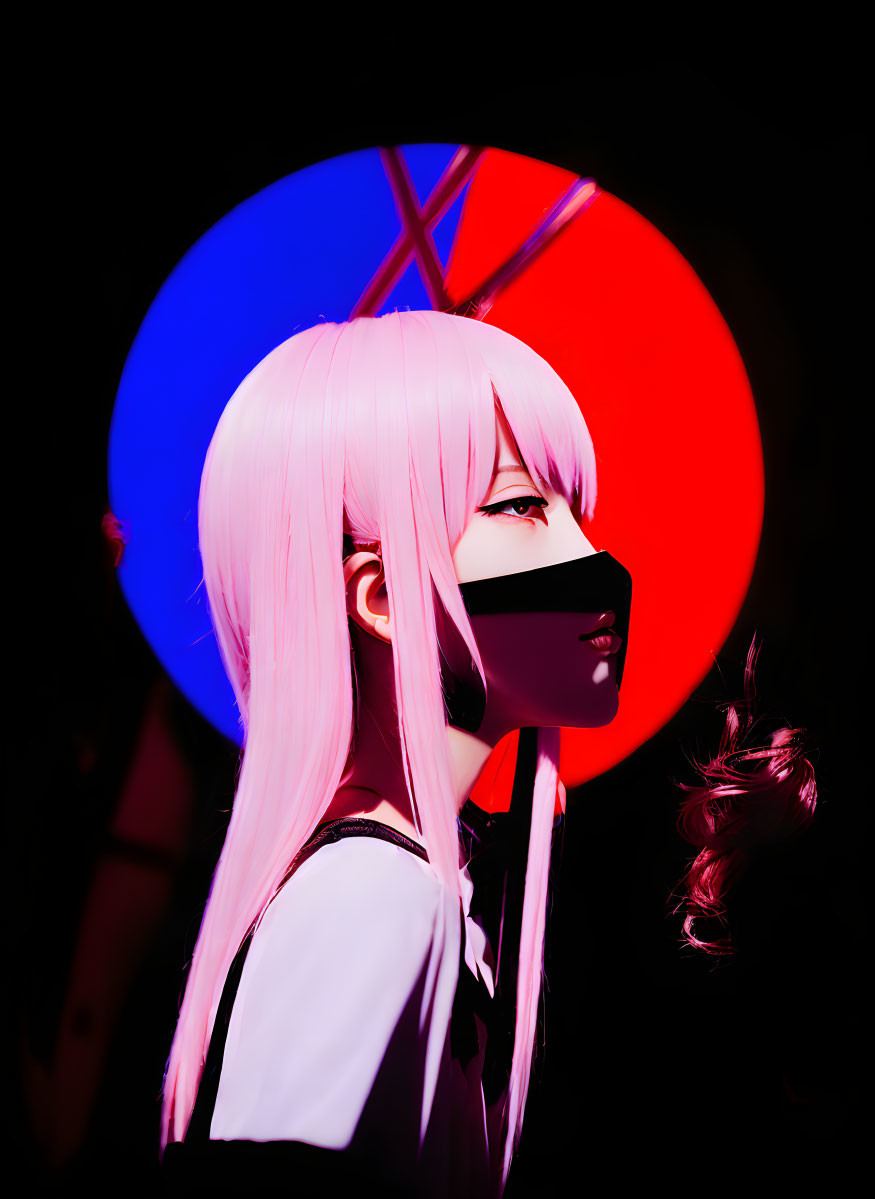 Pink-haired individual in black mask against red and blue circle backdrop