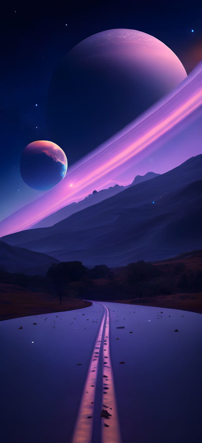 Surreal landscape with railroad, planets, night sky, and purple hues