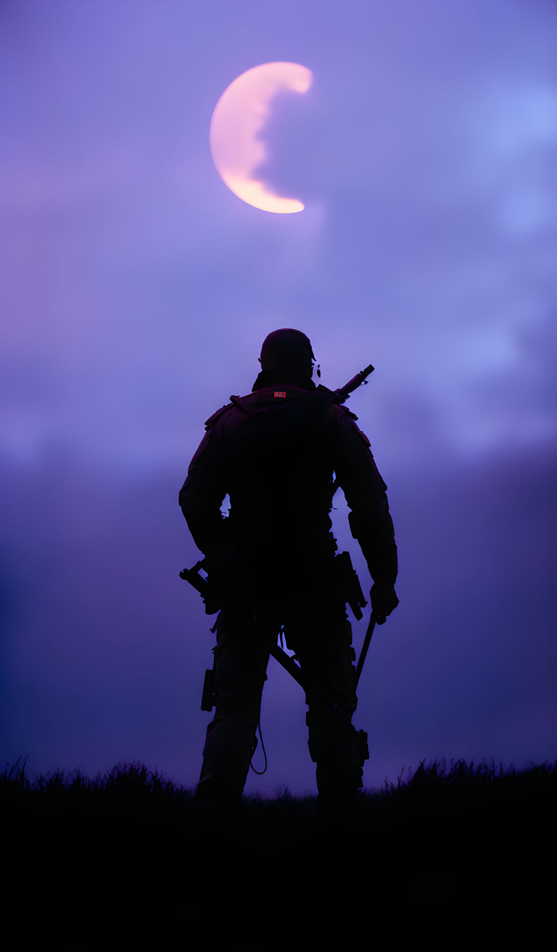 Silhouetted Figure with Backpack and Rifle Against Twilight Sky