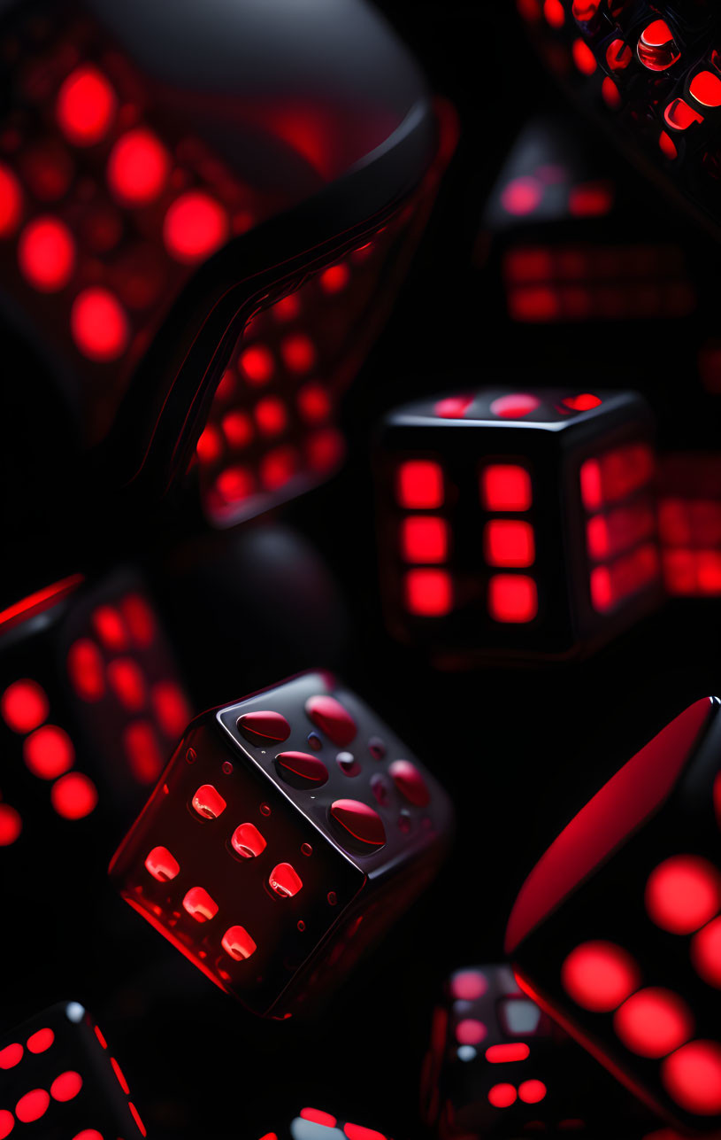 Glowing red dice with illuminated dots in dark, gaming-themed setting