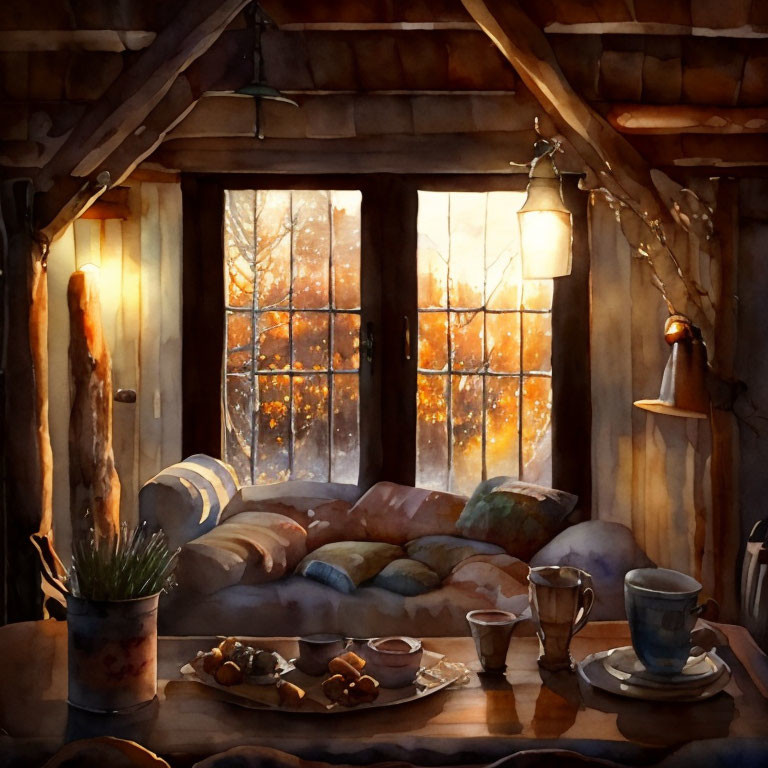 Cozy cabin interior at twilight with plush sofa and autumn foliage view.