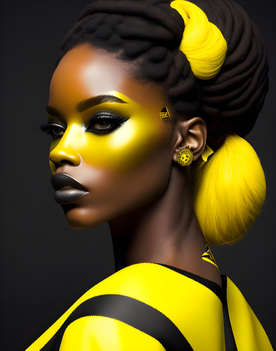 Stylized digital artwork of woman with black and yellow makeup, braided hair, and earrings on