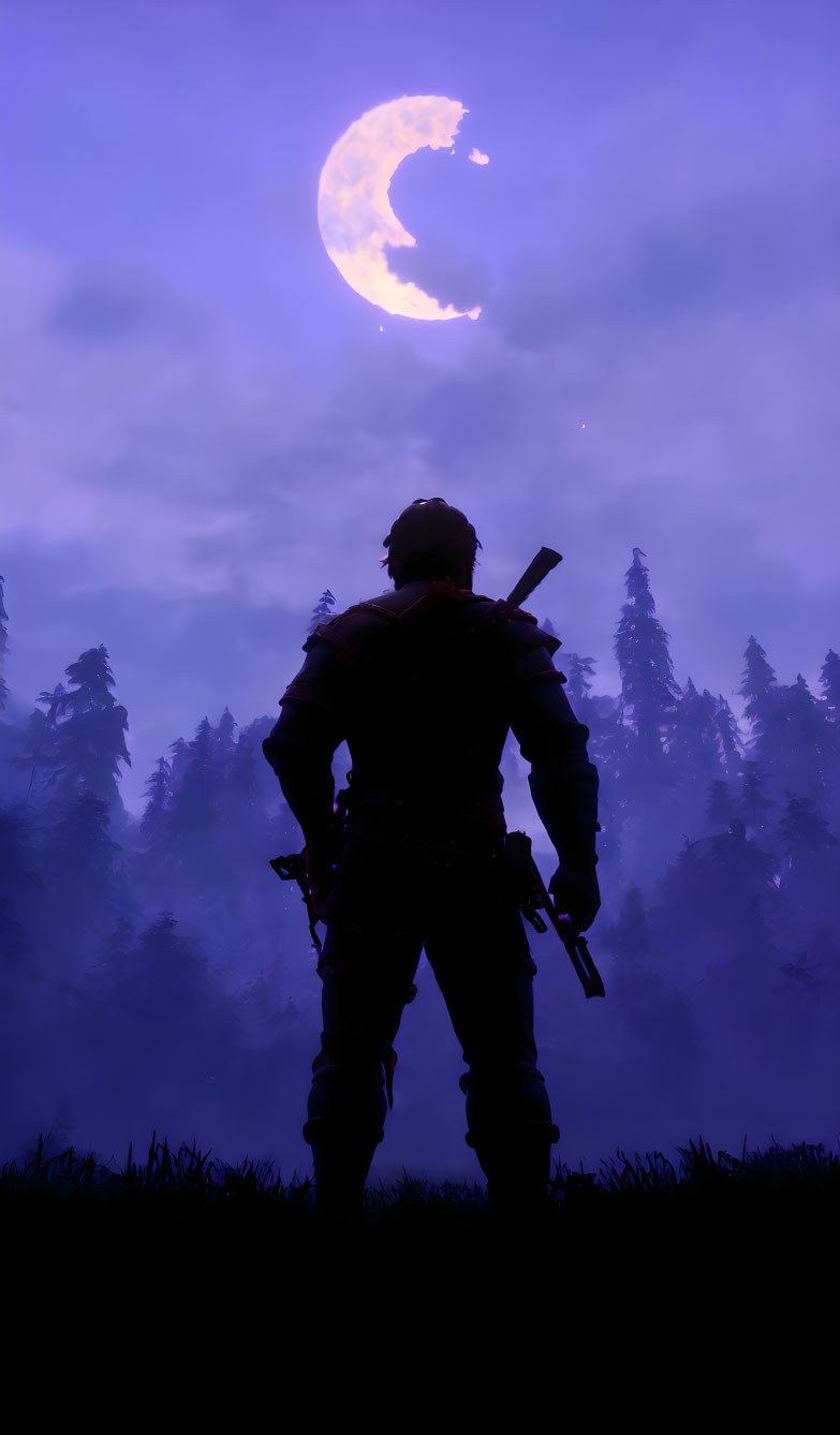 Silhouetted figure with weapons in misty forest at twilight gazes at crescent moon in