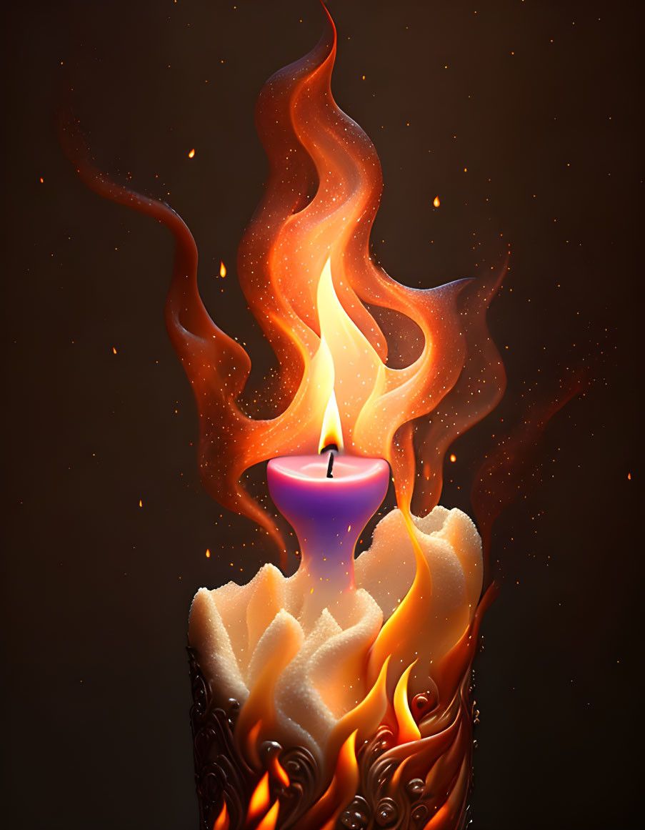 Bright flame candle with melting wax on dark background and swirling fire-like patterns.