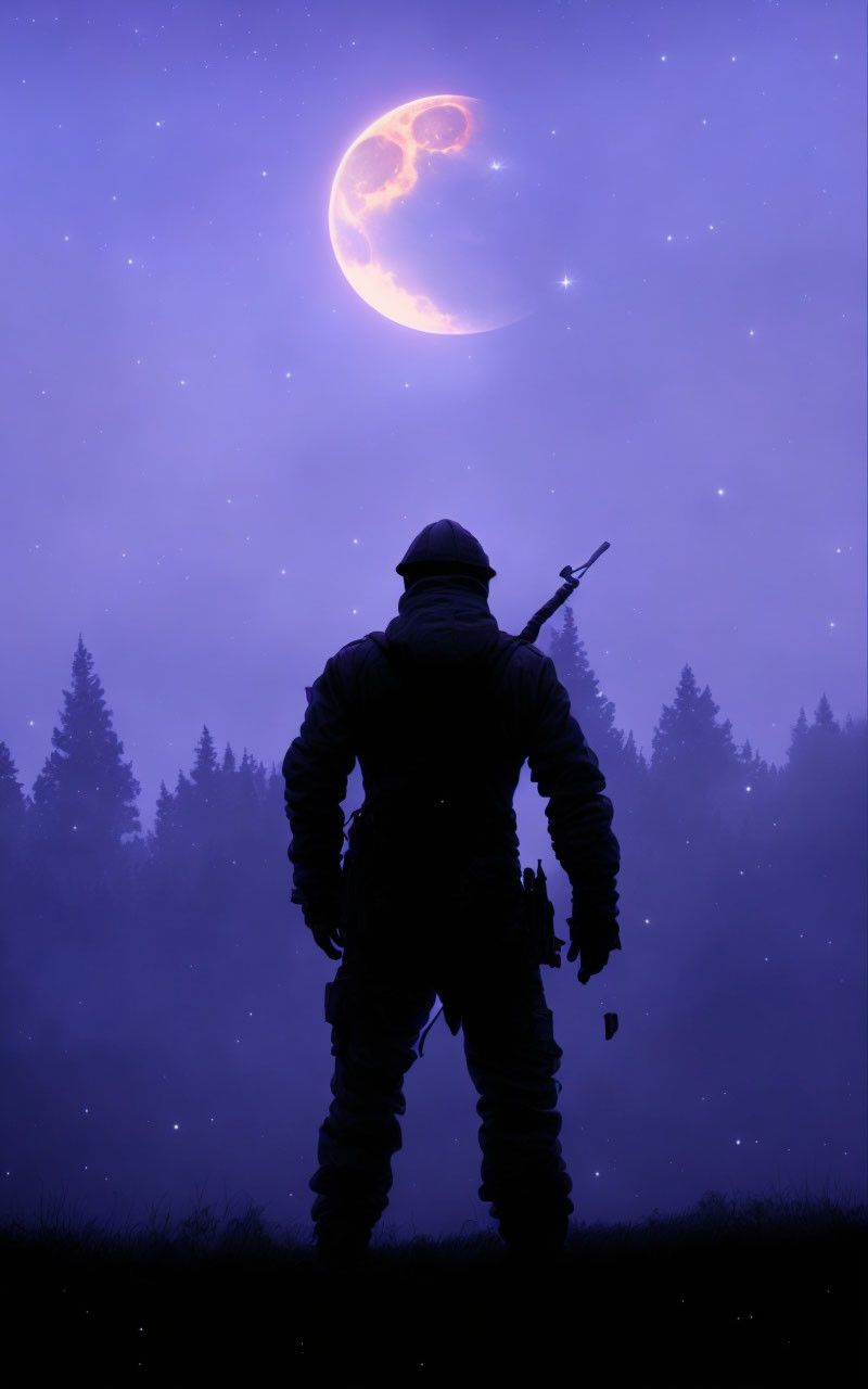 Silhouette of person in tactical gear under crescent moon and stars